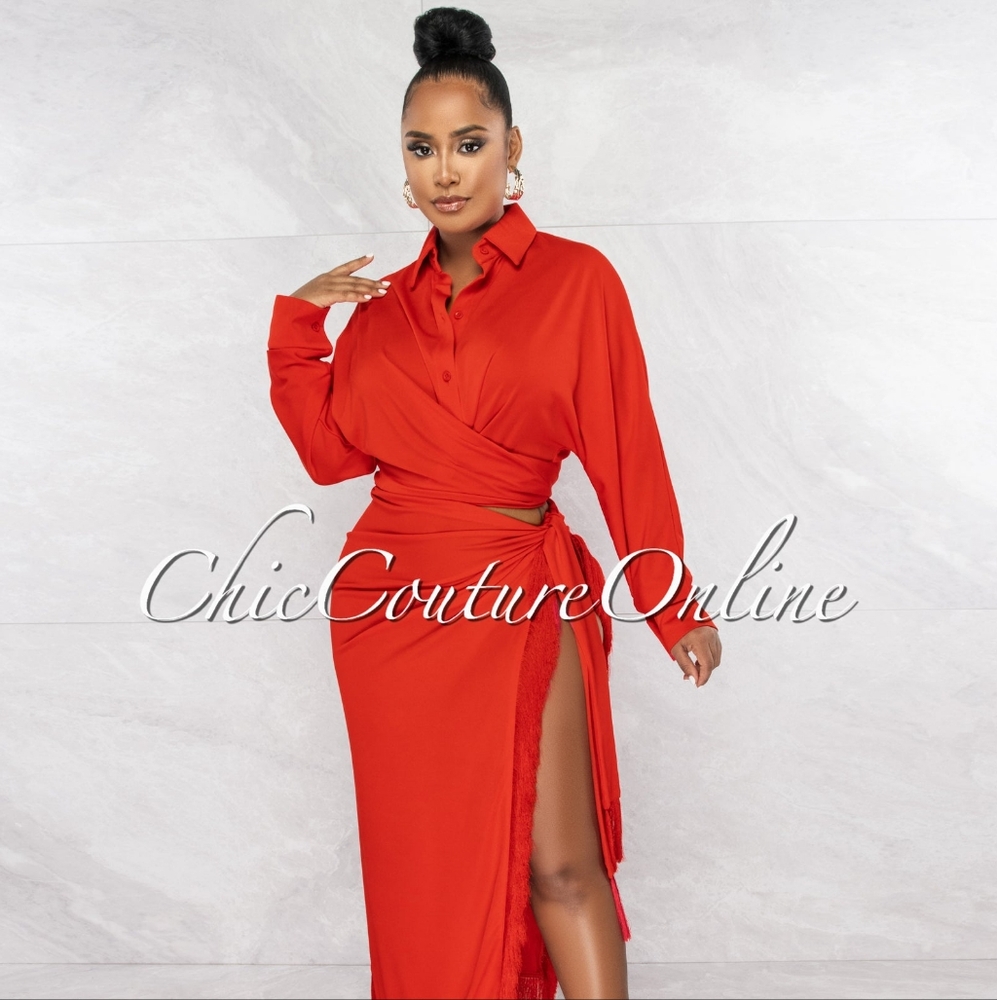 Chic Couture Armand Red Fringe Slit Skirt & Long Straps Shirt Set–Size L–SoldOut